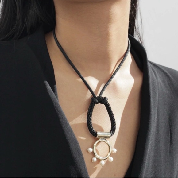 Pichulik Jewelry - Black Rope Necklace with Gold & Pearl Pendant